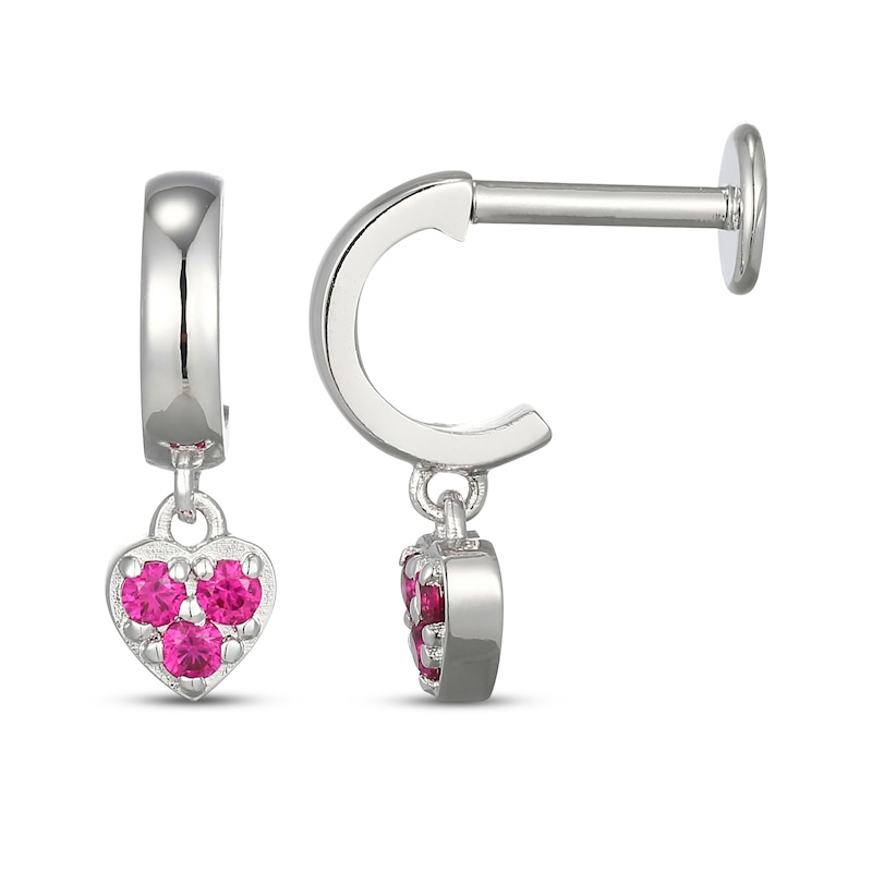 Main Image 3 of STUDIO BY KAY Lab-Created Ruby Pavé Heart Dangle J-Hoop Earrings Sterling Silver