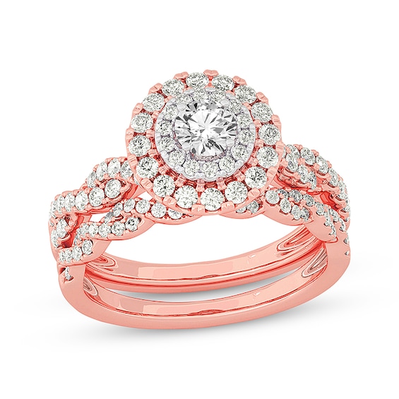 Now + Forever Round-Cut Diamond Double Halo Twist Bridal Set 1 ct tw 14K Rose Gold