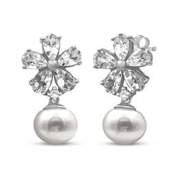 Cultured Pearl & Pear-Shaped White Lab-Created Sapphire Flower Drop Earrings Sterling Silver