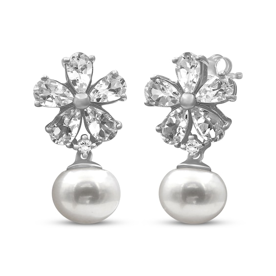 Cultured Pearl & Pear-Shaped White Lab-Created Sapphire Flower Drop Earrings Sterling Silver