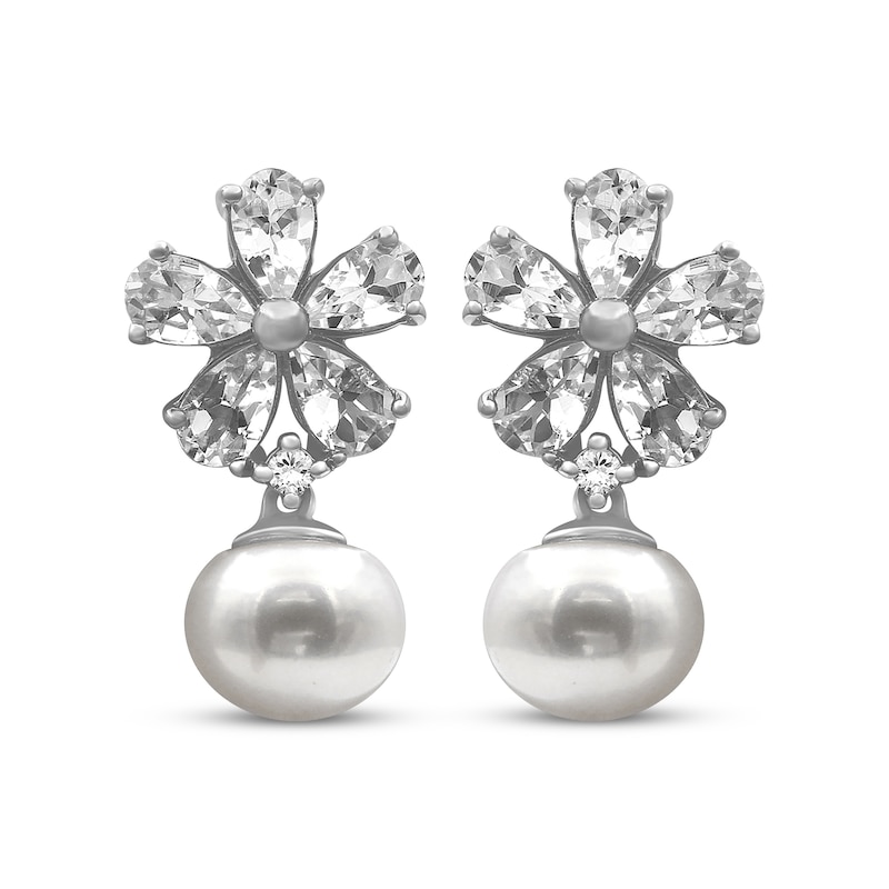 Main Image 2 of Cultured Pearl & Pear-Shaped White Lab-Created Sapphire Flower Drop Earrings Sterling Silver