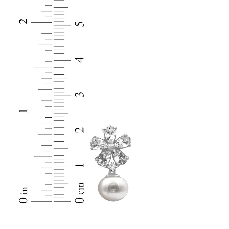 Main Image 3 of Cultured Pearl & Pear-Shaped White Lab-Created Sapphire Flower Drop Earrings Sterling Silver