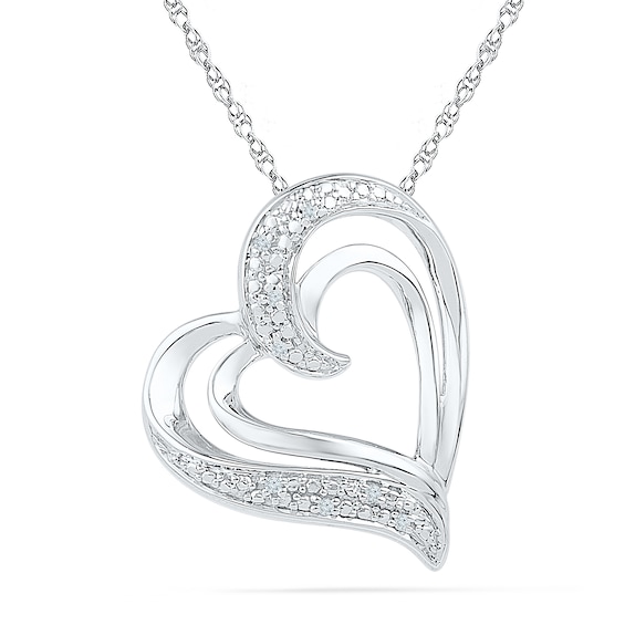 Diamond Accent Slanted Double Heart Necklace Sterling Silver