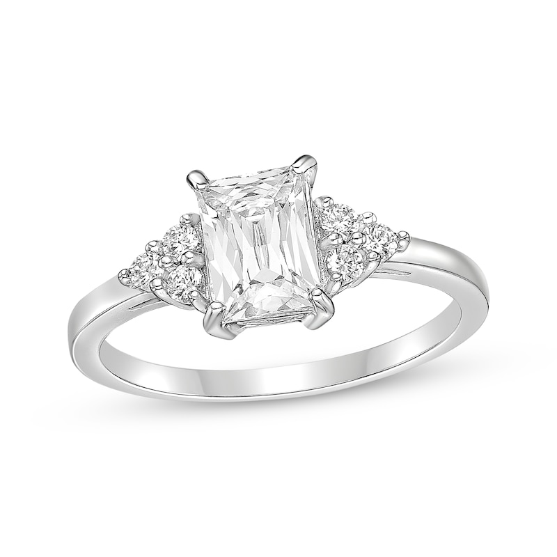 Main Image 1 of Rectangle-Cut White Lab-Created Sapphire Ring Sterling Silver