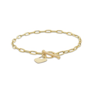Paperclip Chain & Heart Charm Toggle Bracelet Hollow 10K Yellow Gold 7.5"