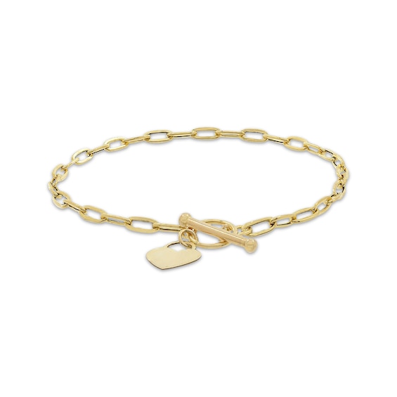 Paperclip Chain & Heart Charm Toggle Bracelet Hollow 10K Yellow Gold 7.5"