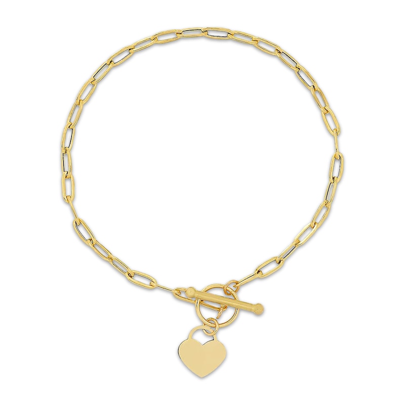 Main Image 2 of Paperclip Chain & Heart Charm Toggle Bracelet Hollow 10K Yellow Gold 7.5"