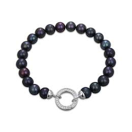 Black Cultured Pearl & White Lab-Created Sapphire Bracelet Sterling Silver 7.25"