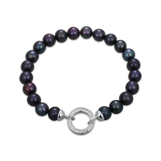 Black Cultured Pearl & White Lab-Created Sapphire Bracelet Sterling Silver 7.25"