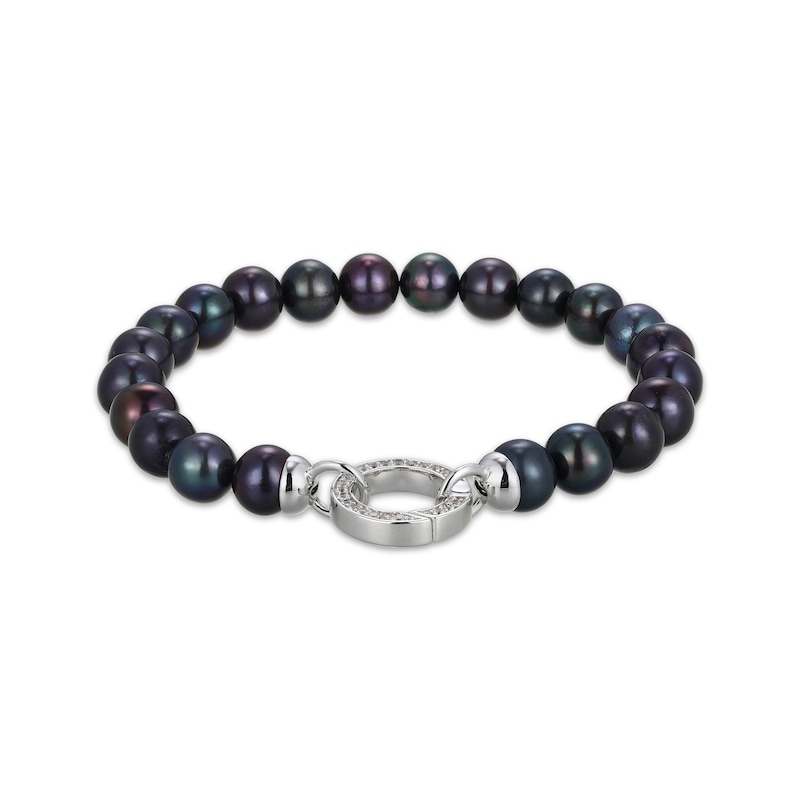Main Image 2 of Black Cultured Pearl & White Lab-Created Sapphire Bracelet Sterling Silver 7.25"