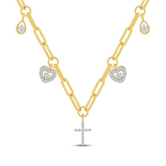 KAY Lab-Grown Diamonds Cross Heart Charm Necklace 1/3 ct tw 18K Yellow Gold-Plated Sterling Silver 18"