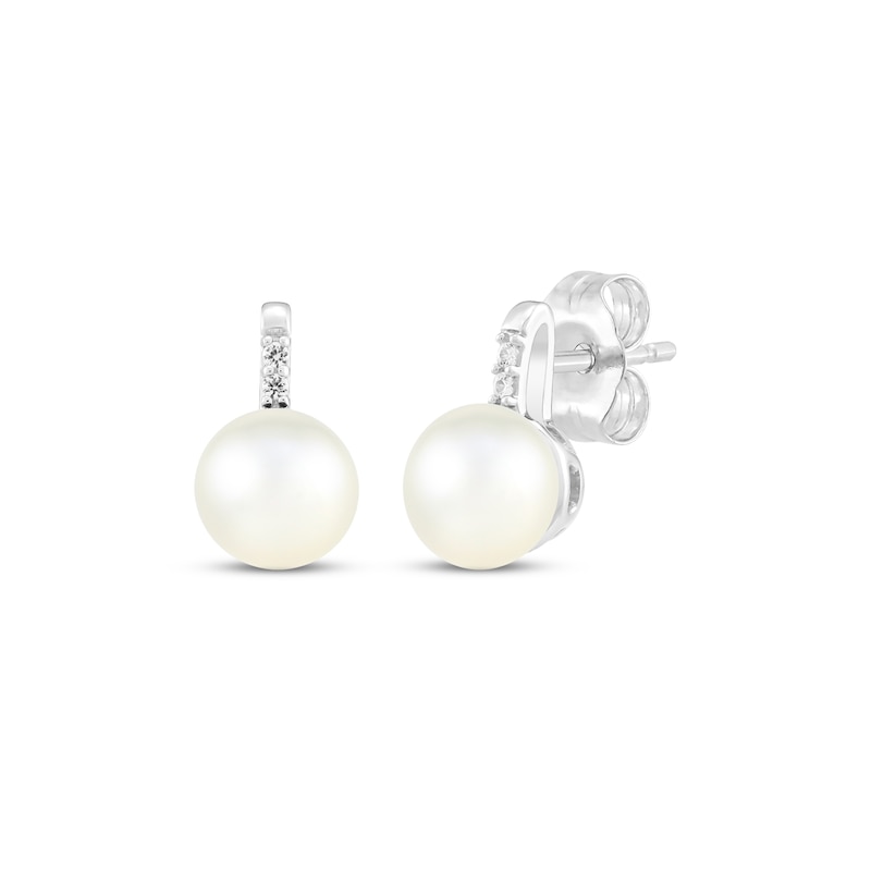 Main Image 1 of Cultured Pearl & White Lab-Created Sapphire Stud Earrings Sterling Silver