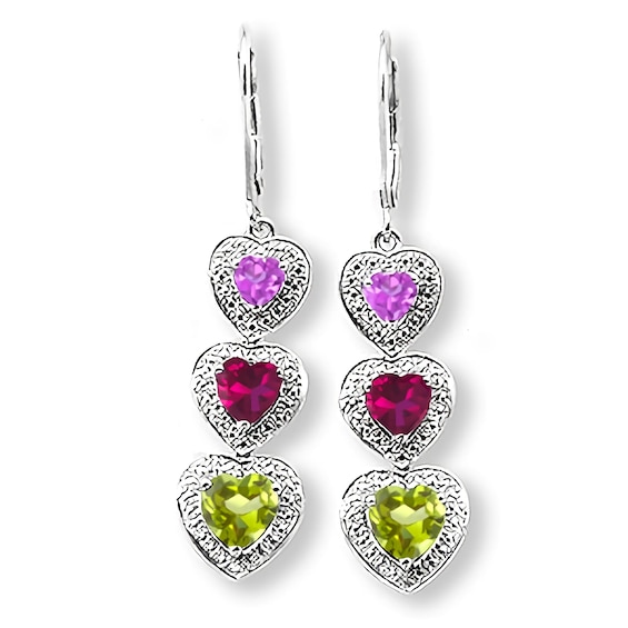 Triple Heart Birthstone Drop Earrings (3 Stones)