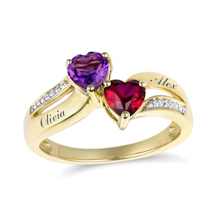 Stacked Hearts Birthstone Couple's Ring (2 Stones and Lines)