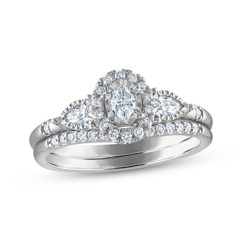 Main Image 1 of Oval-Cut & Pear-Shaped Diamond Three-Stone Bridal Set 3/8 ct tw 14K White Gold