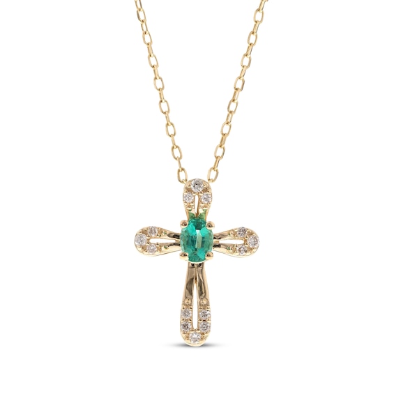 Oval-Cut Emerald & Diamond Cross Necklace 1/20 ct tw 10K Yellow Gold 18"