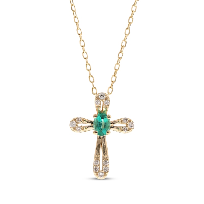 Main Image 1 of Oval-Cut Emerald & Diamond Cross Necklace 1/20 ct tw 10K Yellow Gold 18&quot;