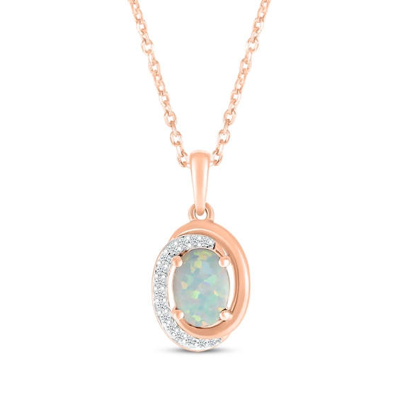 Oval-Cut Lab-Created Opal & Diamond Swirl Necklace 1/20 ct tw 10K Rose Gold 18"