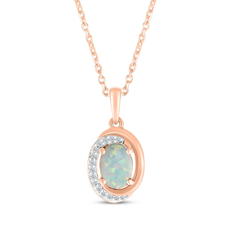 Main Image 1 of Oval-Cut Lab-Created Opal & Diamond Swirl Necklace 1/20 ct tw 10K Rose Gold 18"