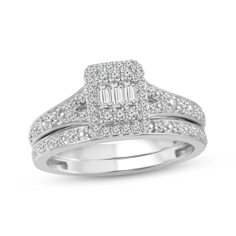 Main Image 1 of Now + Forever Baguette & Round-Cut Multi-Diamond Halo Bridal Set 1/3 ct tw 10K White Gold