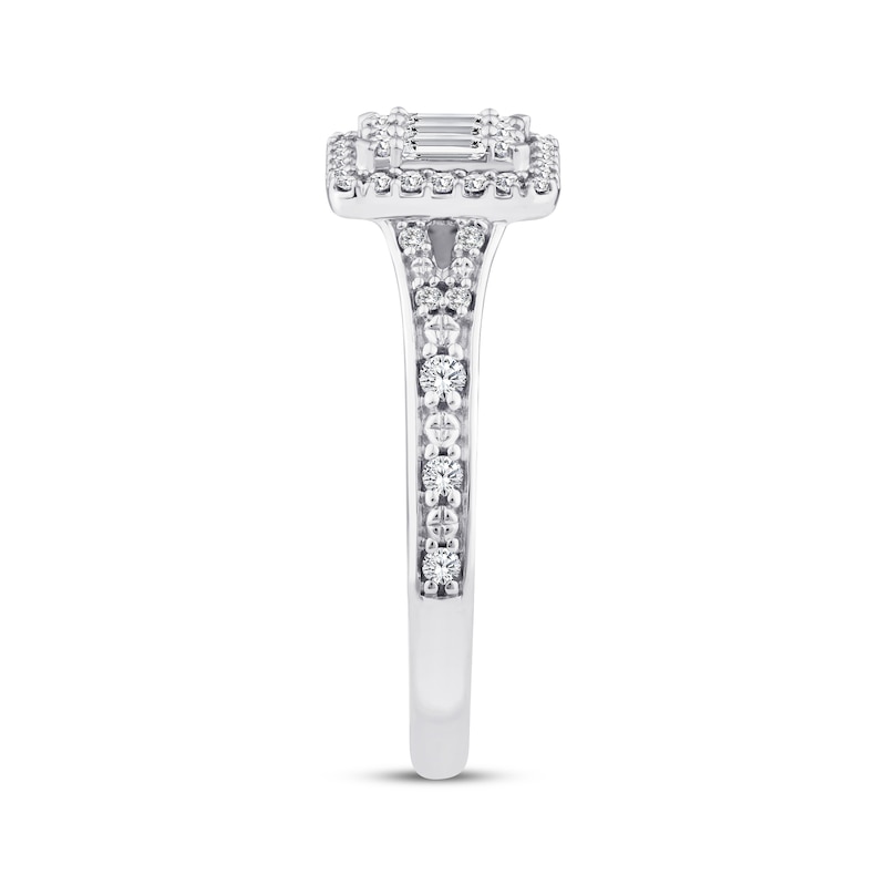 Main Image 2 of Now + Forever Baguette & Round-Cut Multi-Diamond Halo Engagement Ring 1/3 ct tw 10K White Gold