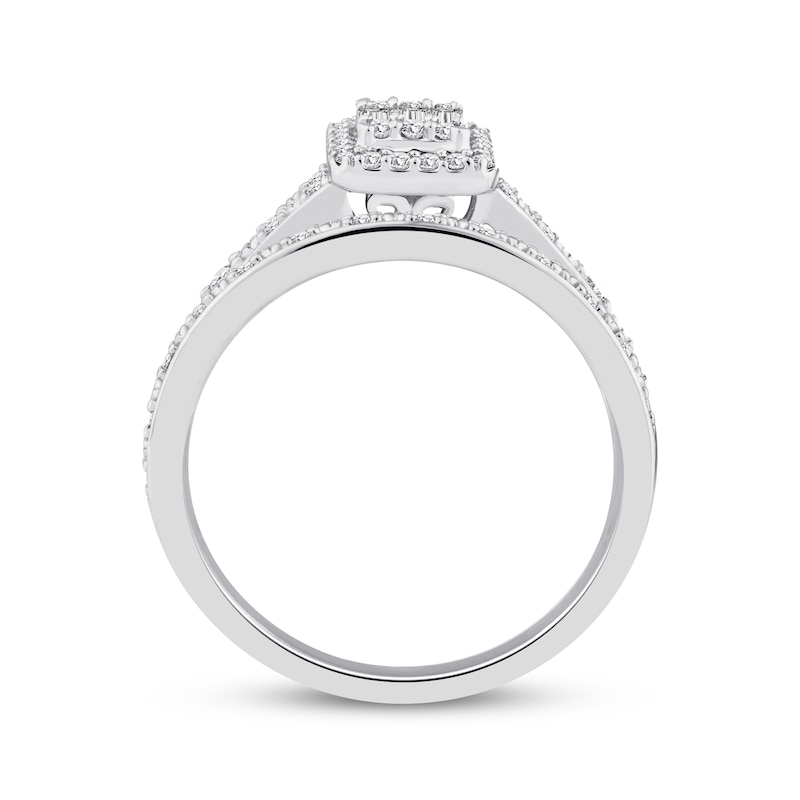 Main Image 3 of Now + Forever Baguette & Round-Cut Multi-Diamond Halo Engagement Ring 1/3 ct tw 10K White Gold