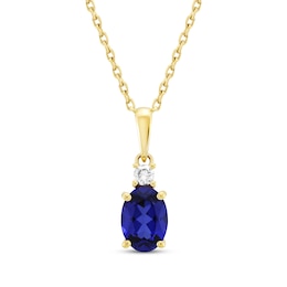 Oval-Cut Blue Lab-Created Sapphire & Diamond Necklace 1/20 ct tw 10K Yellow Gold