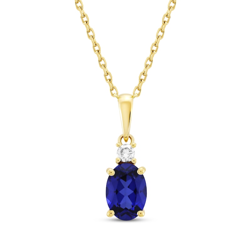 Oval-Cut Blue Lab-Created Sapphire & Diamond Necklace 1/20 ct tw 10K Yellow Gold
