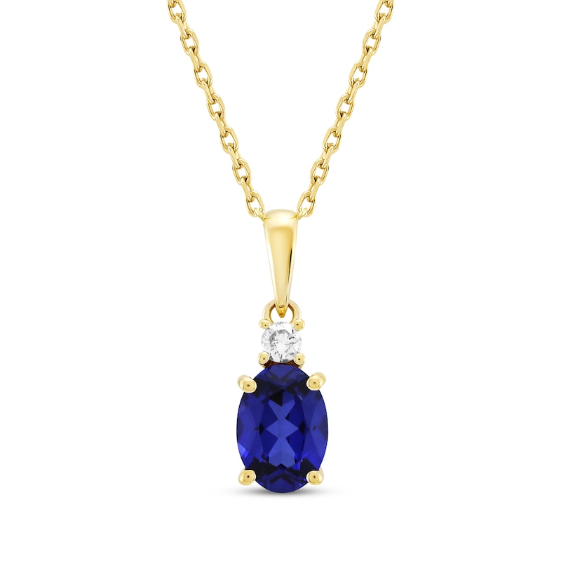 Main Image 1 of Oval-Cut Blue Lab-Created Sapphire & Diamond Necklace 1/20 ct tw 10K Yellow Gold