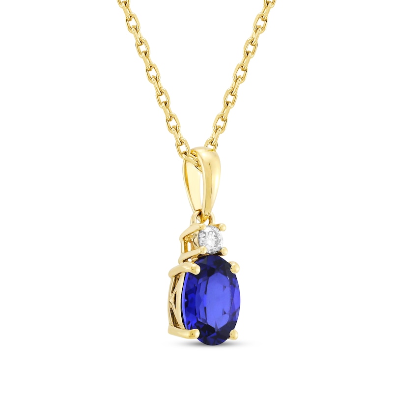 Main Image 2 of Oval-Cut Blue Lab-Created Sapphire & Diamond Necklace 1/20 ct tw 10K Yellow Gold