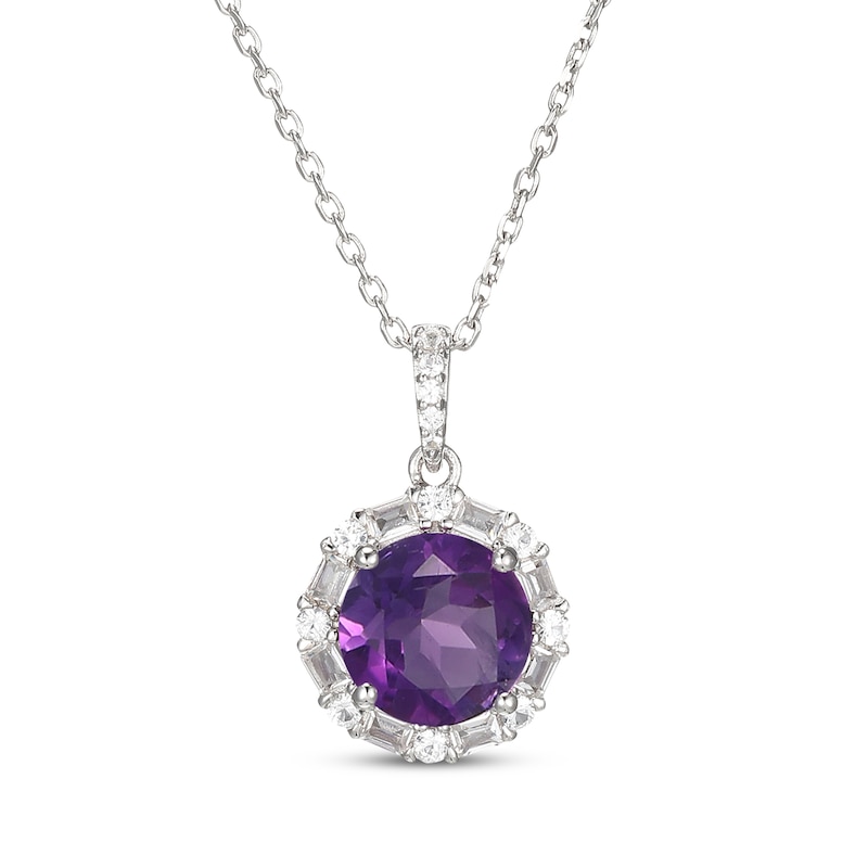 Main Image 1 of Amethyst & White Lab-Created Sapphire Halo Necklace Sterling Silver 18"