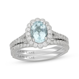 Neil Lane Oval-Cut Aquamarine & Diamond Scalloped Halo Bridal Set 5/8 ct tw Diamonds 14K White Gold