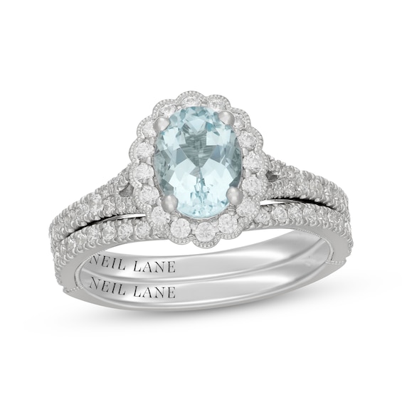Neil Lane Oval-Cut Aquamarine & Diamond Scalloped Halo Bridal Set 5/8 ct tw Diamonds 14K White Gold