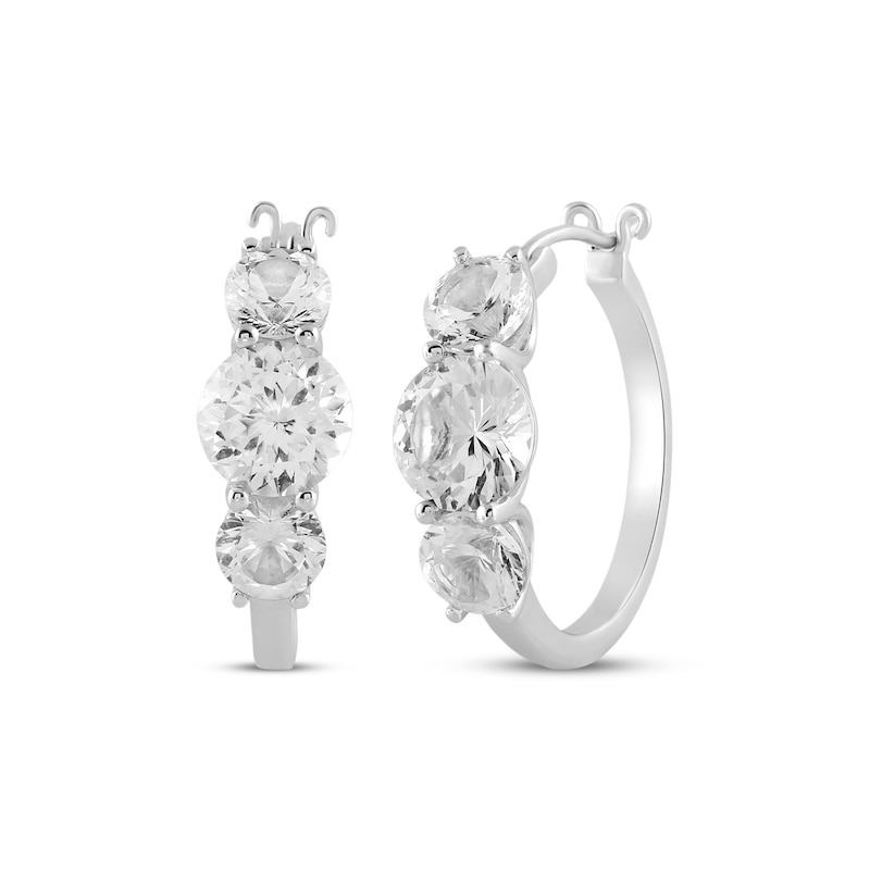 Main Image 1 of White Lab-Created Sapphire Three-Stone Hoop Earrings Sterling Silver
