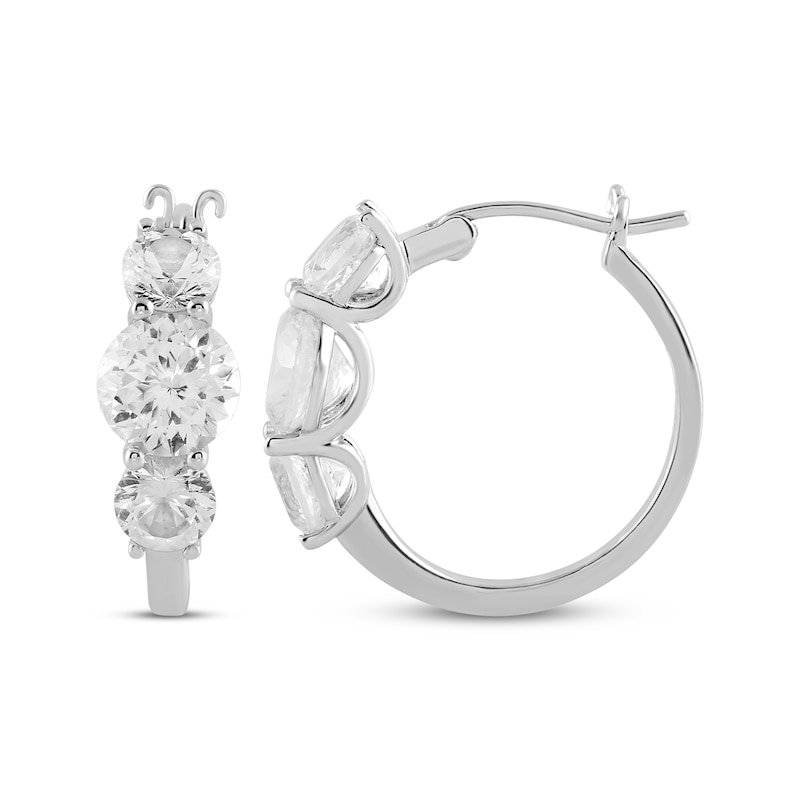 Main Image 3 of White Lab-Created Sapphire Three-Stone Hoop Earrings Sterling Silver