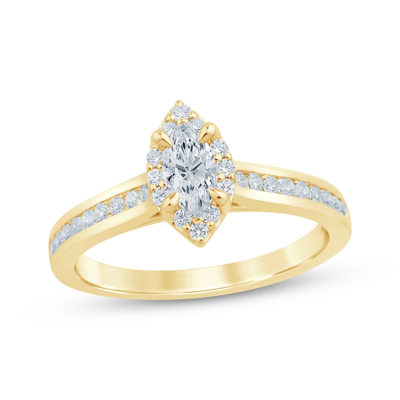Main Image 1 of Now + Forever Lab-Grown Diamonds Marquise-Cut Halo Engagement Ring 1/2 ct tw 14K Yellow Gold