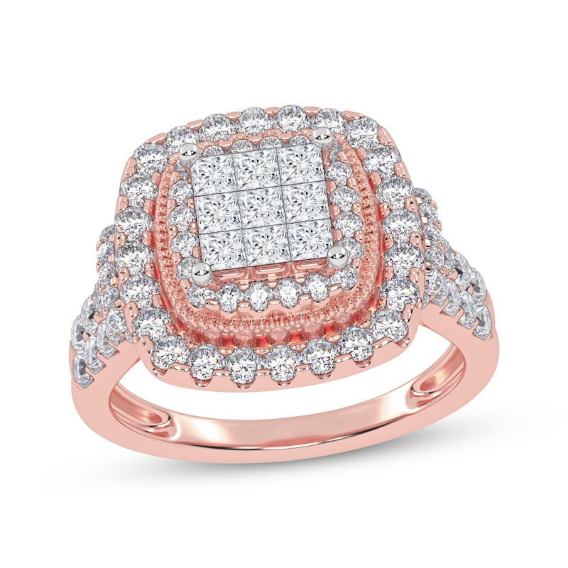 Main Image 1 of Now + Forever Princess-Cut Multi-Diamond Double Halo Engagement Ring 1 ct tw 10K Rose Gold