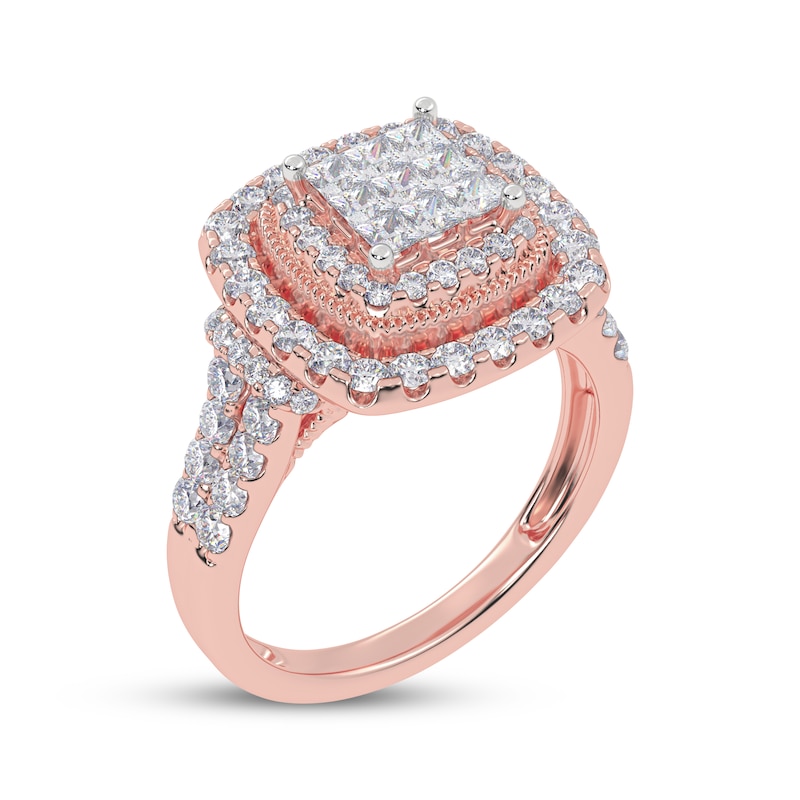 Main Image 2 of Now + Forever Princess-Cut Multi-Diamond Double Halo Engagement Ring 1 ct tw 10K Rose Gold