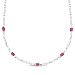 Octagon-Cut Lab-Created Ruby Station Curb Chain Necklace Sterling Silver 15.8"