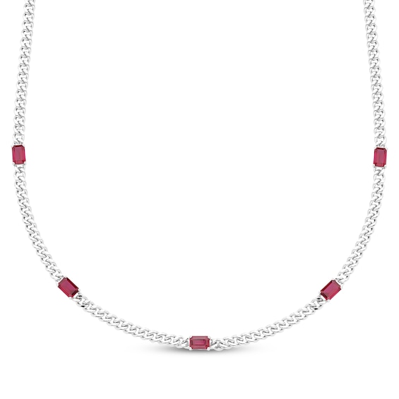 Octagon-Cut Lab-Created Ruby Station Curb Chain Necklace Sterling Silver 15.8"