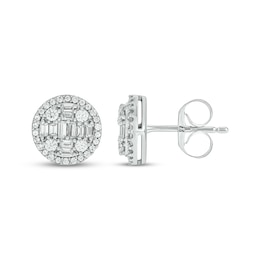 Baguette & Round-Cut Multi-Diamond Circle Halo Stud Earrings 1/2 ct tw 10K White Gold