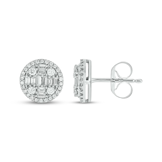 Baguette & Round-Cut Multi-Diamond Circle Halo Stud Earrings 1/2 ct tw 10K White Gold