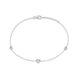 Diamond Heart Outline Station Anklet 1/8 ct tw 10K White Gold 10"