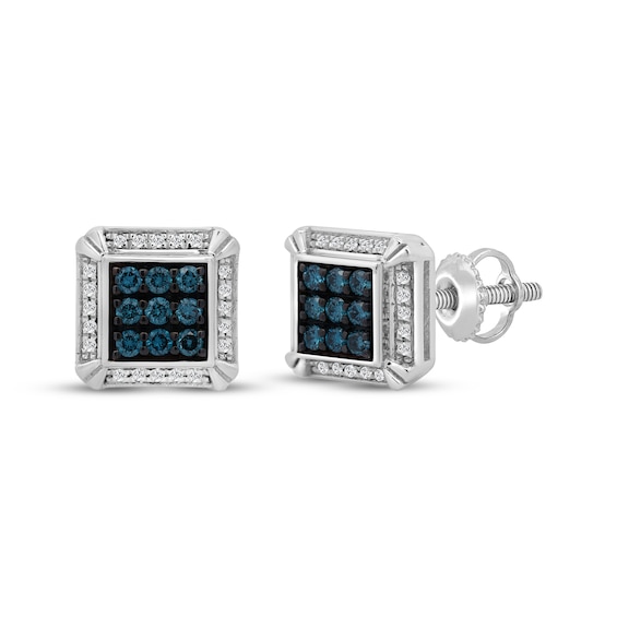 Men's White & Blue Multi-Diamond Square Stud Earrings 1/3 ct tw Sterling Silver