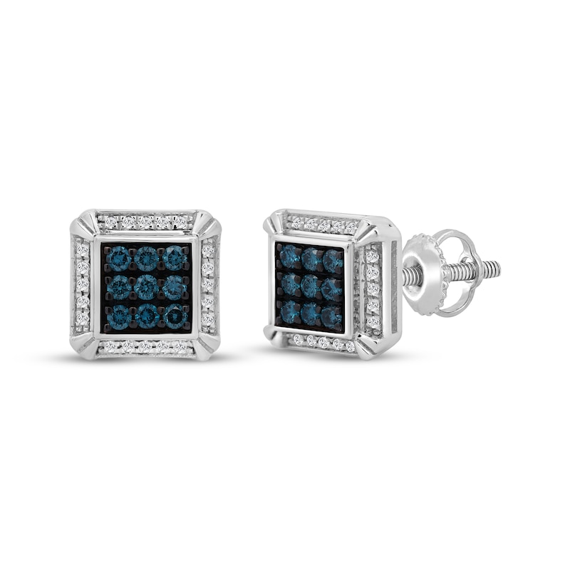 Main Image 1 of Men's White & Blue Multi-Diamond Square Stud Earrings 1/3 ct tw Sterling Silver