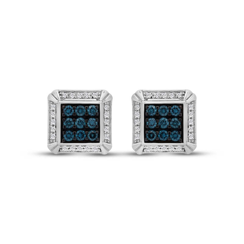 Main Image 2 of Men's White & Blue Multi-Diamond Square Stud Earrings 1/3 ct tw Sterling Silver