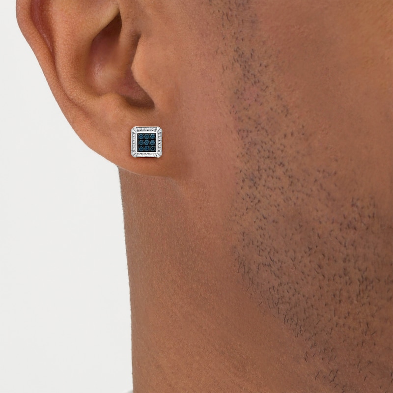 Main Image 3 of Men's White & Blue Multi-Diamond Square Stud Earrings 1/3 ct tw Sterling Silver