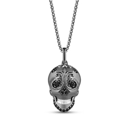 Ink & Ice Black Onyx & Black Diamond Sugar Skull Necklace 1/15 ct tw Black Rhodium-Plated Sterling Silver 18"