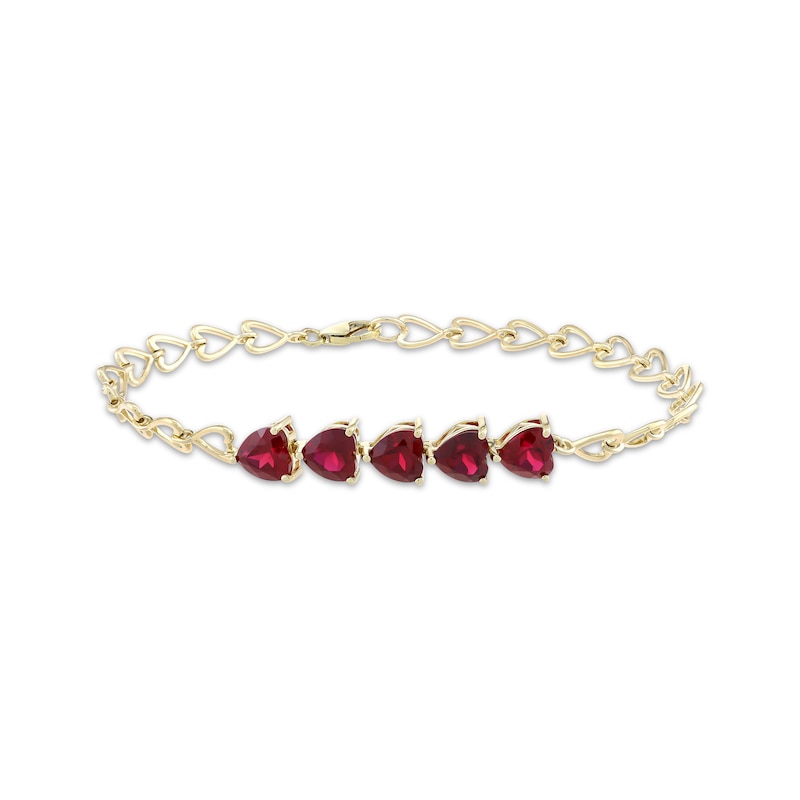 Main Image 1 of Heart-Shaped Lab-Created Ruby & Heart-Shaped Link Bracelet 10K Yellow Gold 7.25"