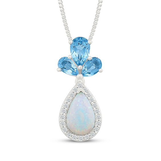 Pear-Shaped Swiss Blue Topaz, Lab-Created Opal & White Lab-Created Sapphire Necklace Sterling Silver 18"